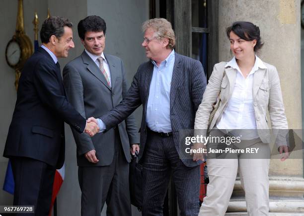 Daniel Cohn-Bendit accompagné de Pascal Durand et de Cécile Duflot sont reçus par Nicolas Sarkozy à l'Elysée le 18 juin 2009 à Paris, France.