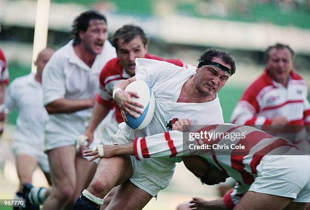 Brian Moore of England on the charge during the Rugby Union International match against the Soviet Union played at Twickenham, in London. England won...