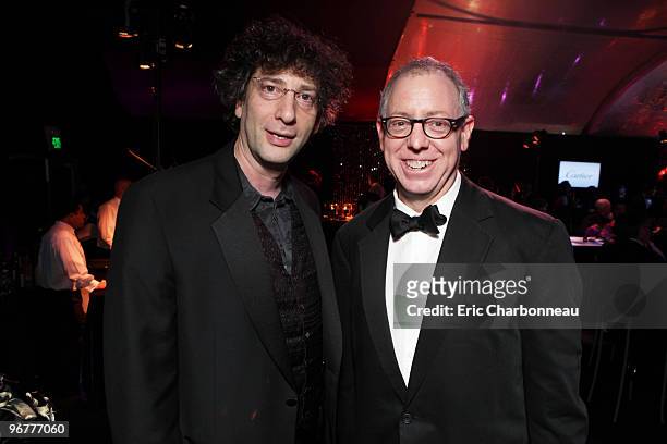 Author Neil Gaiman and Focus' James Schamus at NBC/Universal/Focus Features Golden Globes party at the Beverly Hilton Hotel on January 17, 2010 in...