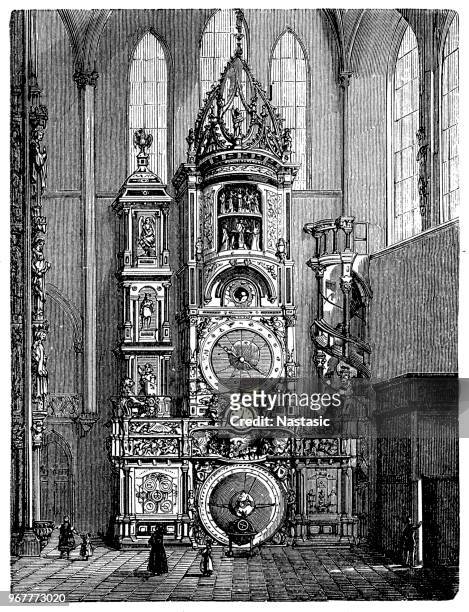 the astronomical clock in strasbourg cathedral or the cathedral of our lady of strasbourg - astronomical clock stock illustrations