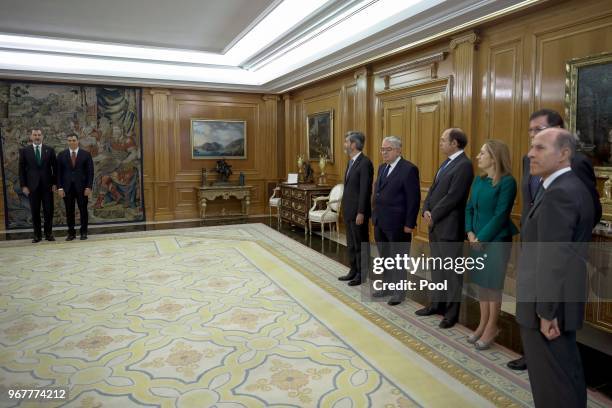 Spain's new Prime Minister Pedro Sanchez, King Felipe VI of Spain and Former Prime Minister Mariano Rajoy pose during the swearing ceremony at the...