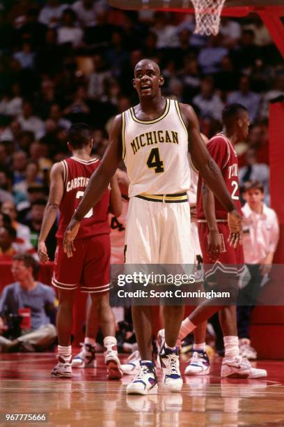 Chris Webber of Michigan reacts to a play during the game against Temple on March 20, 1992 at the Omni Coliseum in Atlanta, Georgia. NOTE TO USER:...