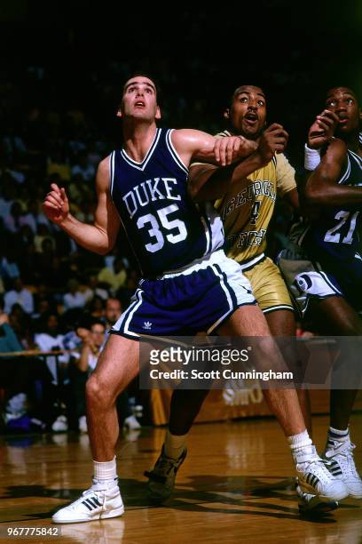 Danny Ferry of Duke boxes out against Georgia Tech on February 2, 1989 at the Alexander Memorial Coliseum in Atlanta, Georgia. NOTE TO USER: User...