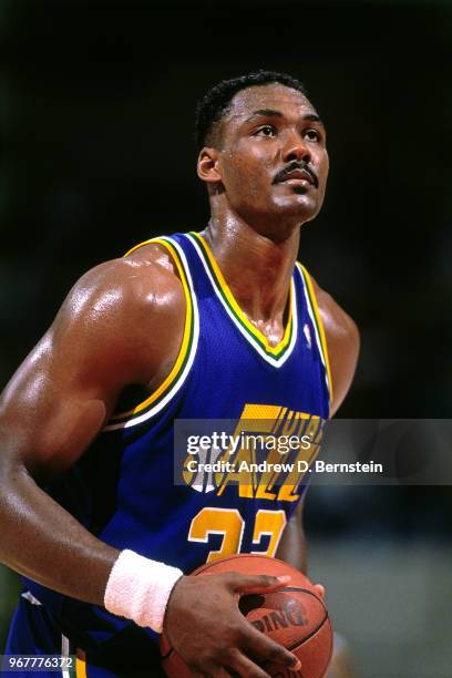 Karl Malone of the Utah Jazz shoots a free throw against the Los Angeles Lakers on December 2, 1988 at The Forum in Inglewood, California. NOTE TO...