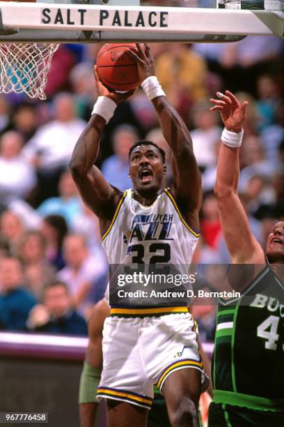 Karl Malone of the Utah Jazz goes to the basket against the Milwaukee Bucks on January 27, 1990 at the Salt Palace in Salt Lake City, Utah. NOTE TO...