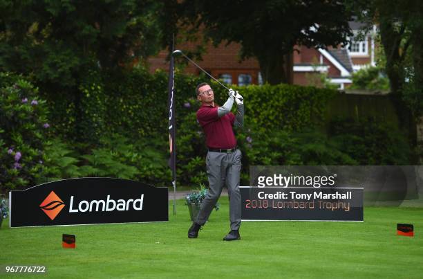 Chris Aitchison of Telford Golf and Country Club plays his first shot on the 1st tee during The Lombard Trophy Midland Qualifier at Little Aston Golf...