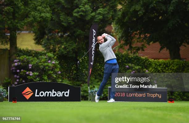 Neil Parker of Humberstone Heights Golf Club plays his first shot on the 1st tee during The Lombard Trophy Midland Qualifier at Little Aston Golf...