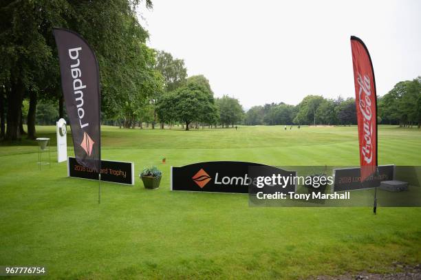 Aview of the Sponsor Branding on the 1st tee during The Lombard Trophy Midland Qualifier at Little Aston Golf Club on June 5, 2018 in Sutton...