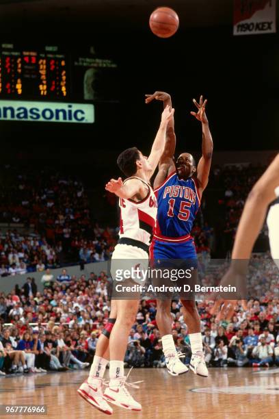 Vinnie Johnson of the Detroit Pistons shoots the ball against the Portland Trail Blazers during Game Three of the NBA Finals on June 10, 1990 at the...