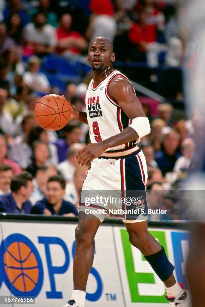 Michael Jordan of the United States handles the ball during the 1992 Summer Olympics at the Palau Municipal d'Esports de Badalona in Barcelona,...