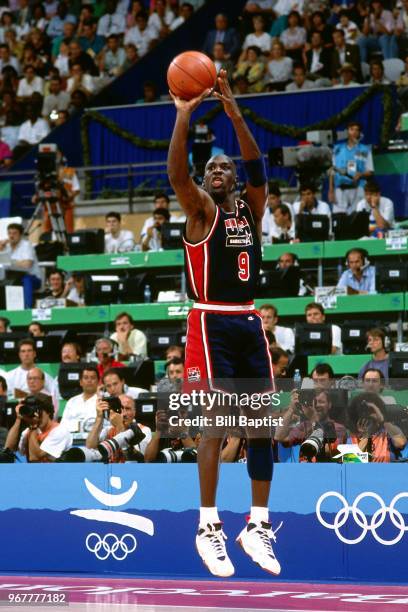 Michael Jordan of the United States shoots the ball during the 1992 Summer Olympics at the Palau Municipal d'Esports de Badalona in Barcelona, Spain....