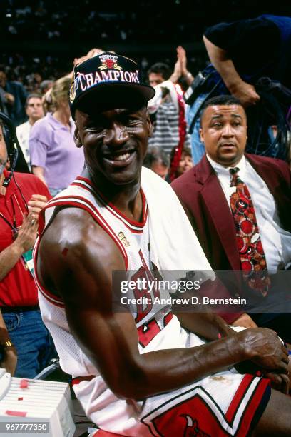 Michael Jordan of the Chicago Bulls celebrates after Game Six of the 1997 NBA Finals against the Utah Jazz on June 13, 1997 at the United Center in...