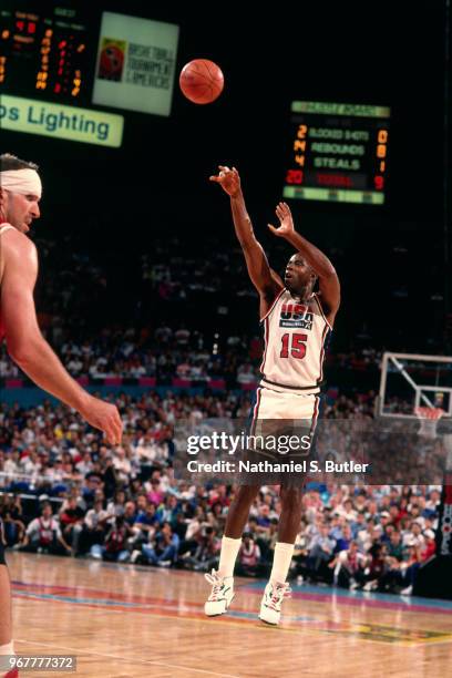 Magic Johnson of the United States shoots the ball during the 1992 Summer Olympics at the Palau Municipal d'Esports de Badalona in Barcelona, Spain....