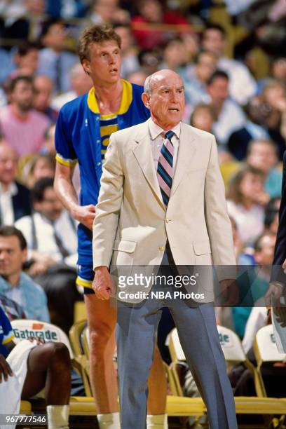 Head coach Jack Ramsay of the Indiana Pacers looks on during a game circa 1988 at Market Square Arena in Indianapolis, Indiana. NOTE TO USER: User...