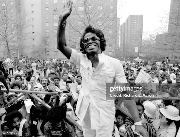 James Brown visits Harlem in New York to meet fans on May 03 1979