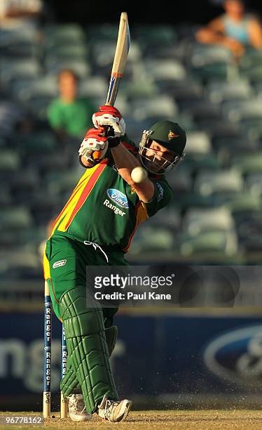 Travis Birt of the Tigers hits out during the Ford Ranger Cup match between the Western Australian Warriors and the Tasmanian Tigers at WACA on...