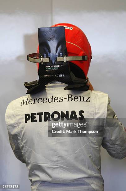 Michael Schumacher of Germany and Mercedes GP prepares to drive during winter testing at the Circuito De Jerez on February 17, 2010 in Jerez de la...