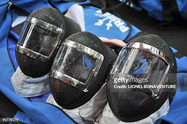 Picture shows helmets during the men's International Paris' Challenge Epee competition by team, on January 31, 2010. AFP PHOTO/LIONEL BONAVENTURE