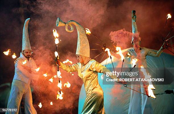 Carnival revellers participate in a parade on the streets of Strumica in the great evening carnival, late on February 16, 2010. The renown carnival,...