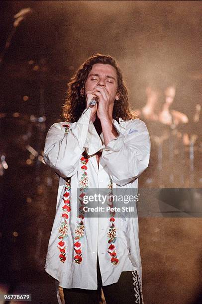 Michael Hutchence of INXS performs on stage on the 'Kick' tour at Wembley Arena on June 24th, 1988 in London, United Kingdom.