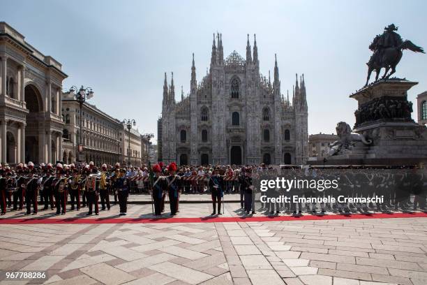 General view of a military formation in Piazza del Duomo during the celebrations of the Italian National Day on June 02, 2018 in Milan, Italy. The...