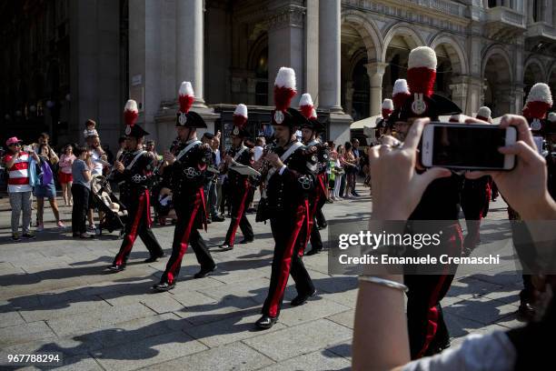 The Carabinieri military band performs during the celebrations of the Italian National Day on June 02, 2018 in Milan, Italy. The Festa della...