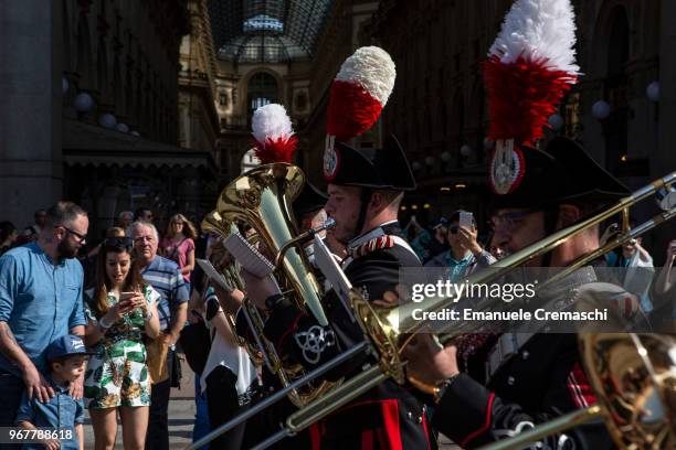 The Carabinieri military band perform during the celebrations of the Italian National Day on June 02, 2018 in Milan, Italy. The Festa della...