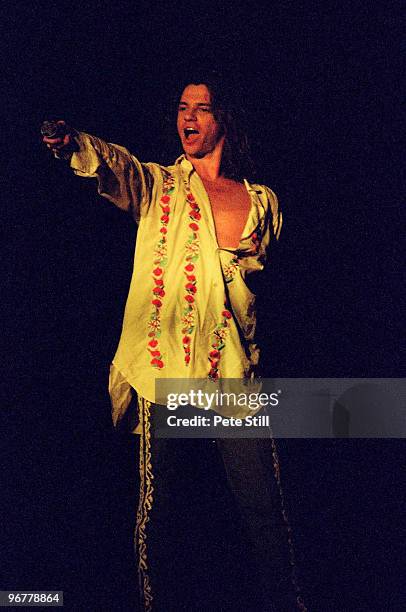 Michael Hutchence of INXS performs on stage on the 'Kick' tour at Wembley Arena on June 24th, 1988 in London, United Kingdom.