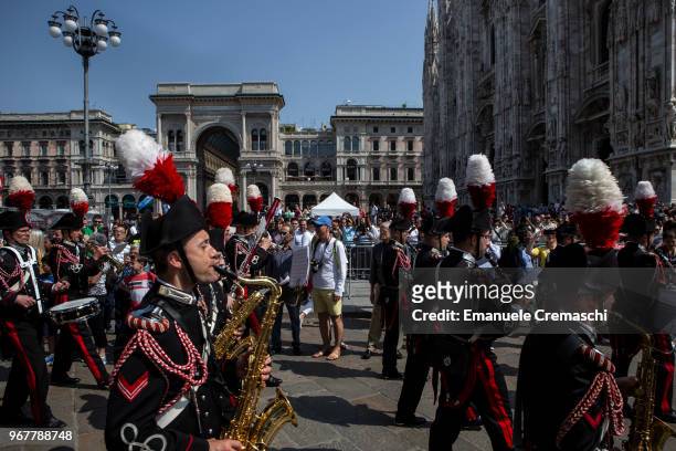 The Carabinieri military band performs during the celebrations of the Italian National Day on June 02, 2018 in Milan, Italy. The Festa della...