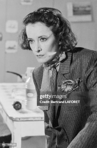 Dominique Lavanant sur le tournage du film 'Y-at'il un français dans la salle' réalisé par Jean-Pierre Mocky à Paris le 14 janvier 1982, France.