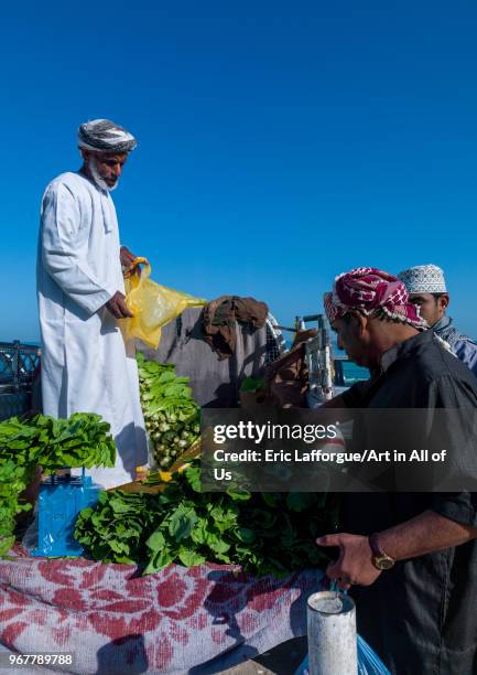 Old mani man selling vegetables on the back of his car, Al Batinah, Barka, Oman on December 21, 2011 in Barka, Oman.