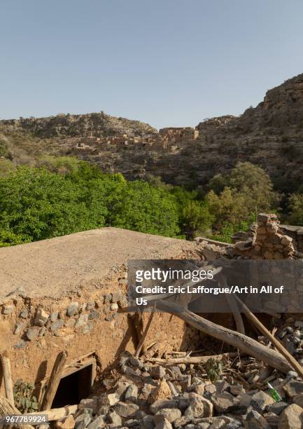 Stone and mudbrick houses in an abandoned village, Jebel Akhdar, Wadi Bani Habib, Oman on May 9, 2018 in Wadi Bani Habib, Oman.
