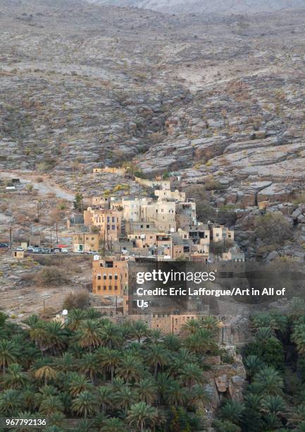 Old village in an oasis in front of the mountain, Ad Dakhiliyah Region, Misfat al Abriyyin, Oman on May 10, 2018 in Misfat Al Abriyyin, Oman.