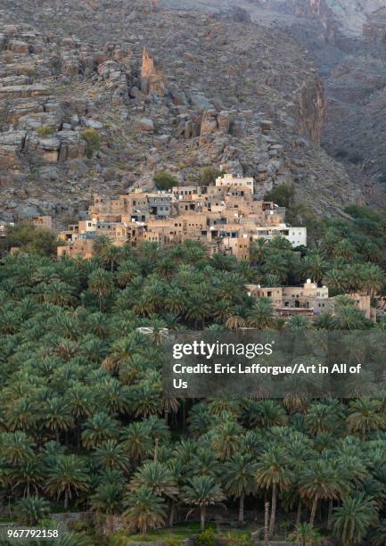 Old village in an oasis in front of the mountain, Ad Dakhiliyah Region, Misfat al Abriyyin, Oman on May 10, 2018 in Misfat Al Abriyyin, Oman.