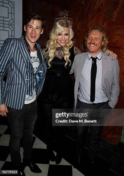 Singer Lee Ryan with singer Pixie Lott and comedian Leigh Francis attend the Brit Awards after party held by Universal at the Mandarin Oriental Hotel...