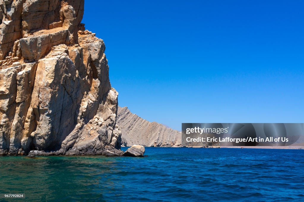 Fjords in front of mountains, Musandam Governorate, Khasab, Oman...