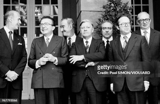 Valéry Giscard d'Estaing, Giulio Andreotti, Helmut Schmidt et Roy Jenkins lors du second Conseil Européen au Palais de l'Europe à Strasbourg le 21...