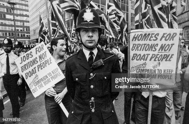 Manifestation du 'National Front' contre les réfugiés cambodgiens à Londres le 26 septembre 1979, Royaume-Uni.