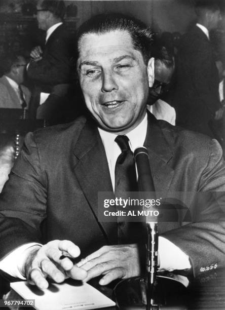 Picture taken 20 August 1957 shows James R. Hoffa, then vice president of the Teamsters Union, testifying before the Senate Rackets Committee in...