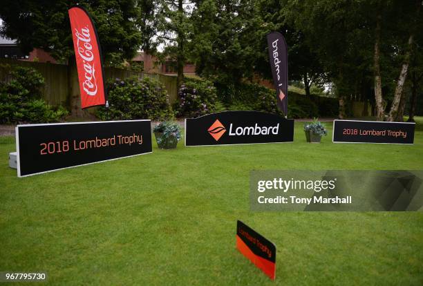 Lombard branding on the 1st tee during The Lombard Trophy Midland Qualifier at Little Aston Golf Club on June 5, 2018 in Sutton Coldfield, England.