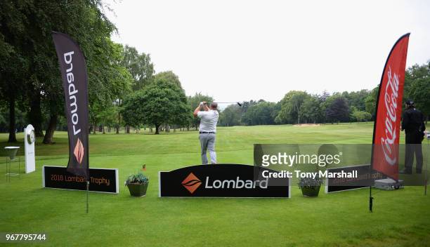 Justin Fores of Bondhay Golf and Country Club plays his first shot on the 1st tee during The Lombard Trophy Midland Qualifier at Little Aston Golf...
