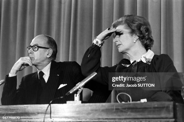 Margaret Thatcher et Valéry Giscard d'Estaing lors d'un sommet franco-britannique à Londres le 19 novembre 1979, Royaume-Uni.