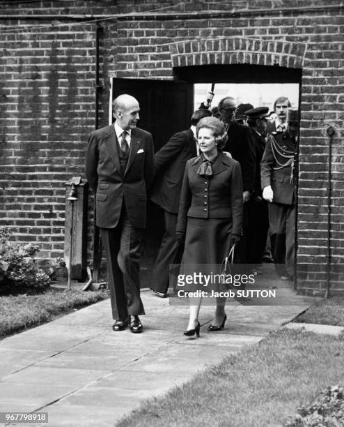 Margaret Thatcher et Valéry Giscard d'Estaing lors d'un sommet franco-britannique à Londres le 19 novembre 1979, Royaume-Uni.