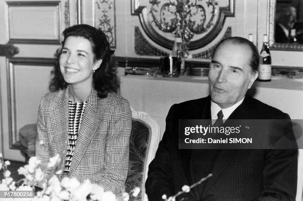 François Mitterrand reçoit Caroline de Monaco à l'Elysée pour un déjeuner le 31 janvier 1983, Paris, France.