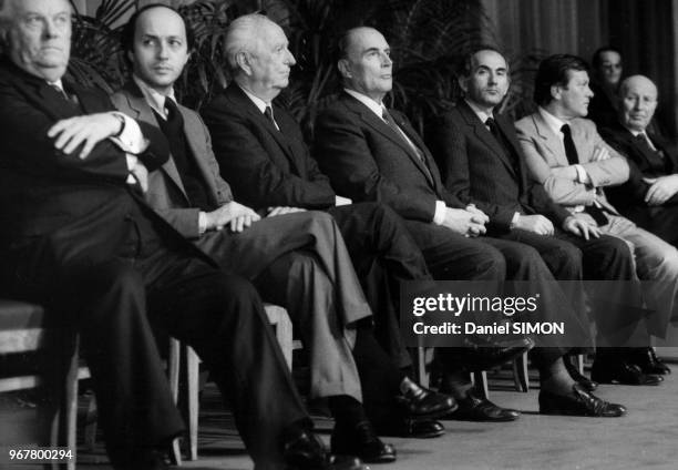 Laurent Fabius, Gaston Deferre, François Mitterrand et Charles Fiterman lors de la visite du président français à Lille les 25 et 26 avril 1983,...