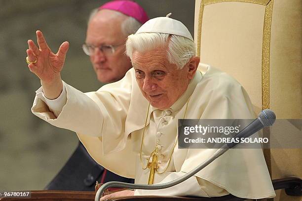 Pope Benedict XVI waves to faithful during his weekly general audience on February 17, 2010 at Paul VI hall at The Vatican. AFP PHOTO / ANDREAS SOLARO