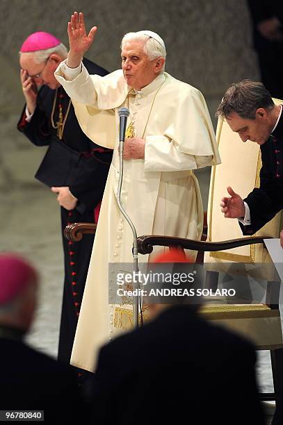 Pope Benedict XVI blesses faithful during his weekly general audience on February 17, 2010 at Paul VI hall at The Vatican. AFP PHOTO / ANDREAS SOLARO