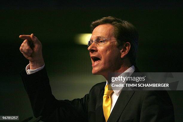 German Foreign Minister and vice-chancellor Guido Westerwelle addresses the audience during his party's Ash Wednesday meeting on February 17, 2010 in...