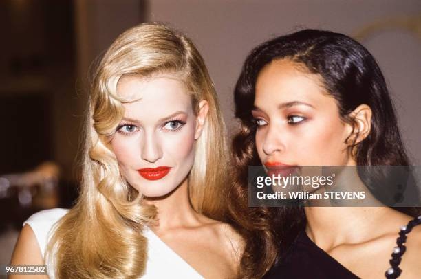 Portrait de Karen Mulder et de Brandy lors d'un défilé de prêt-à-porter le 16 octobre 1994 à Paris, France.