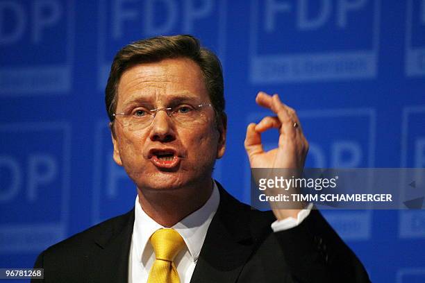 German Foreign Minister and vice-chancellor Guido Westerwelle addresses the audience during his party's Ash Wednesday meeting on February 17, 2010 in...